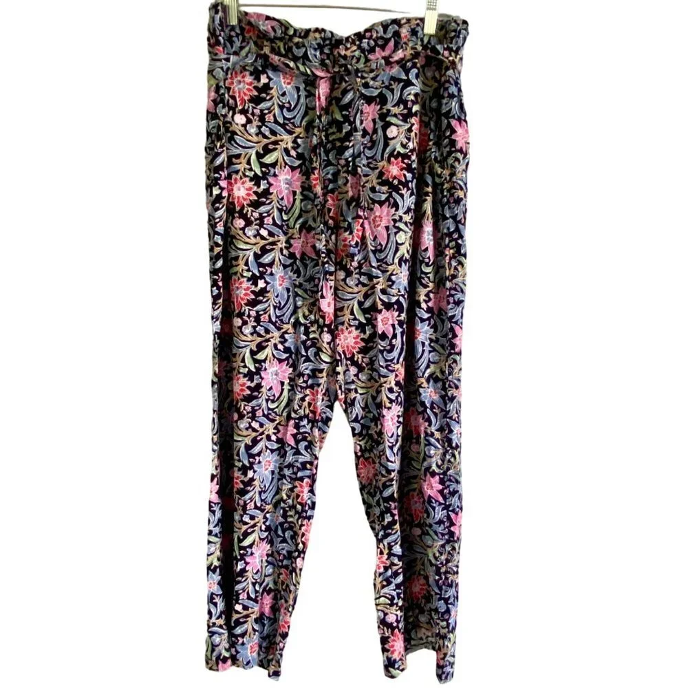 Purple & More Floral Print Paperbag Wide Leg Pants with Pockets Women's Large